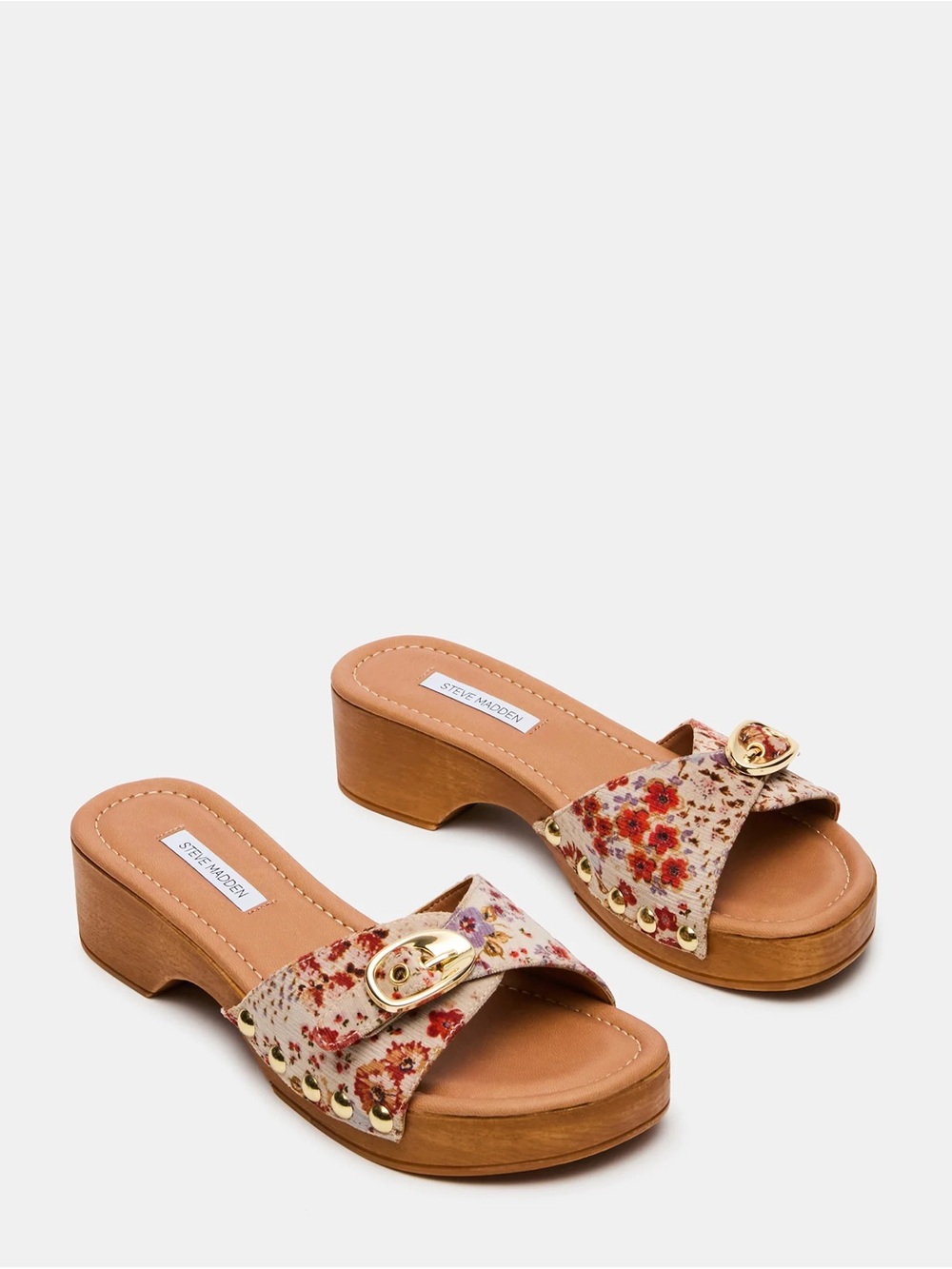 Steve Madden Fredi Floral Buckle Slide Mules with Wood-Look Heel